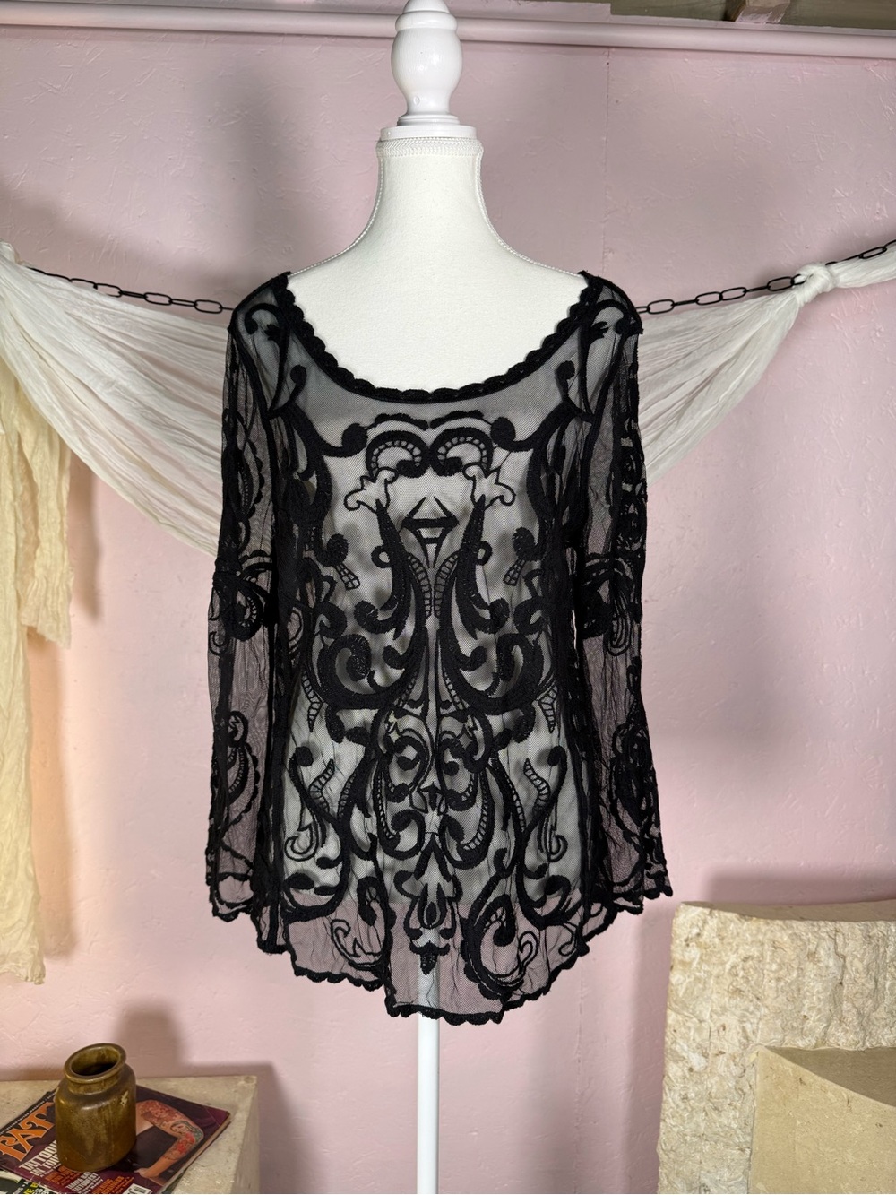 Vintage Gothic Embroidered Mesh Top | Sheer Black Baroque Long Sleeve | Size M